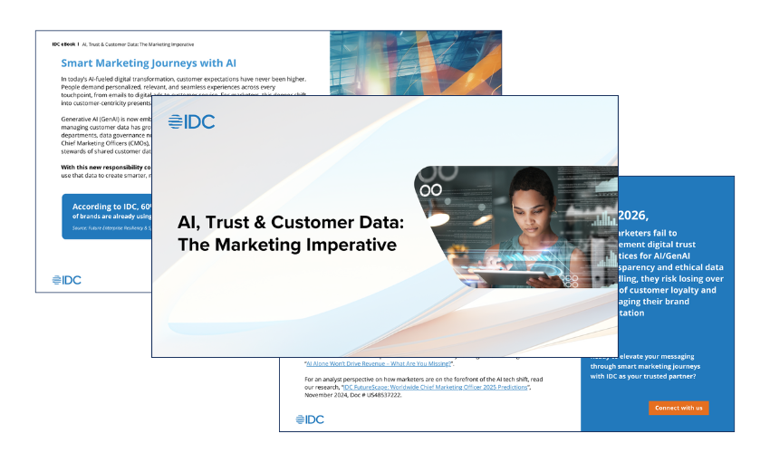 Image of a brown woman looking at a tablet with text that says AI, Trust, and Customer Data: The Marketing Imperative